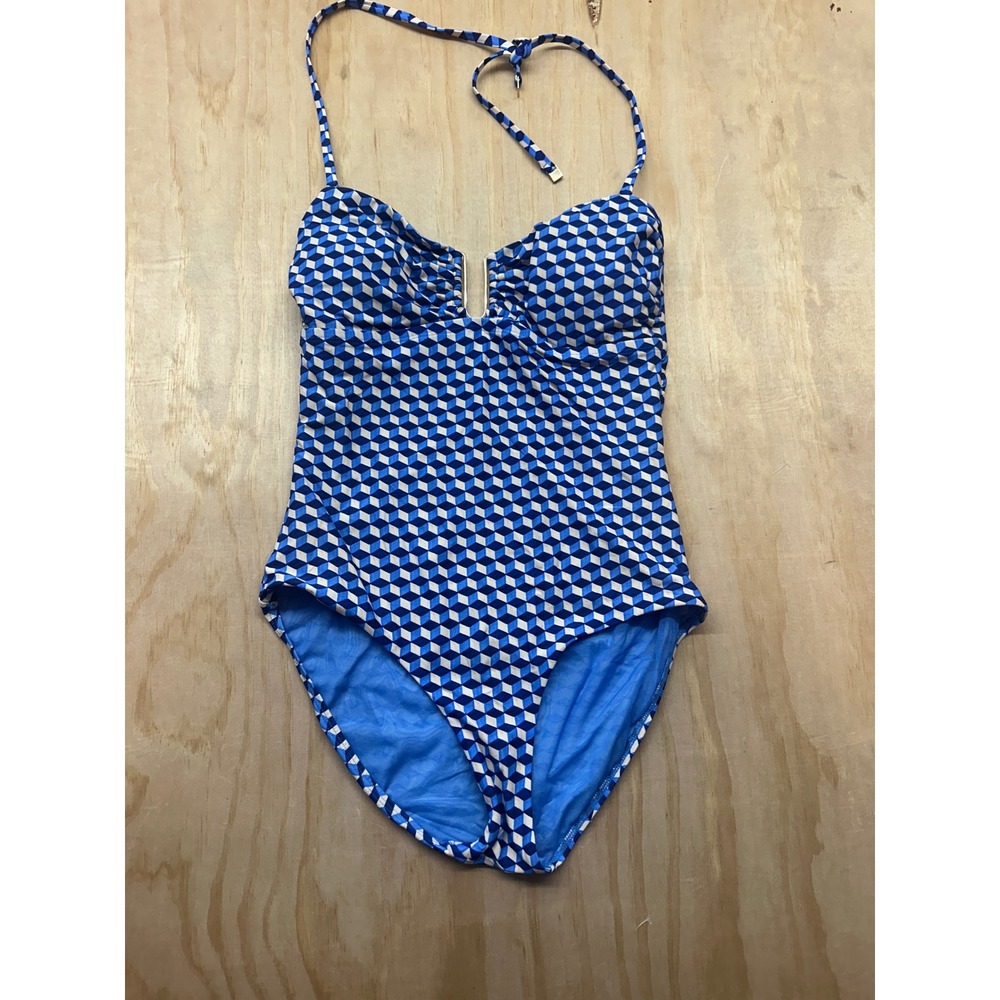 Sea Level Womens Blue Geometric Cube Print U-Bar Halter One Piece Swimsuit Sz 8
